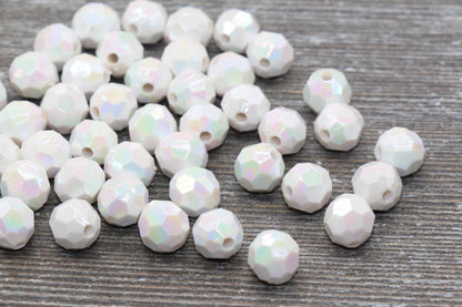 10mm AB White Faceted Gumball Beads, Iridescent Faceted Round Acrylic Loose Beads, Chunky Beads, Faceted Plastic Beads, Bubble Gum Beads#787 - Yourdiysupply