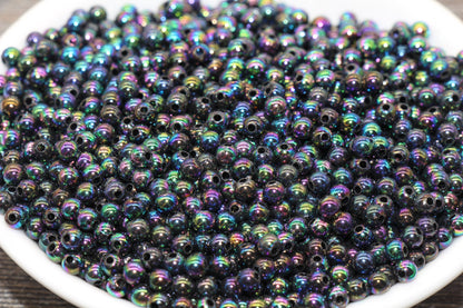 4mm Black AB Round Beads, Iridescent Acrylic Gumball Beads, Transparent Round Spacer Beads, Bubblegum Beads, Plastic Round Bead #903