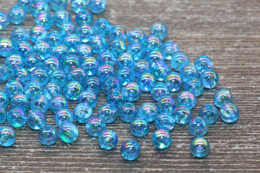 6mm Blue AB Round Beads, Iridescent Acrylic Gumball Beads, Transparent Round Spacer Beads, Bubblegum Beads, Plastic Round Bead #913