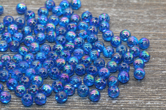 6mm Royal Blue AB Round Beads, Iridescent Acrylic Gumball Beads, Transparent Round Spacer Beads, Bubblegum Beads, Plastic Round Bead #916