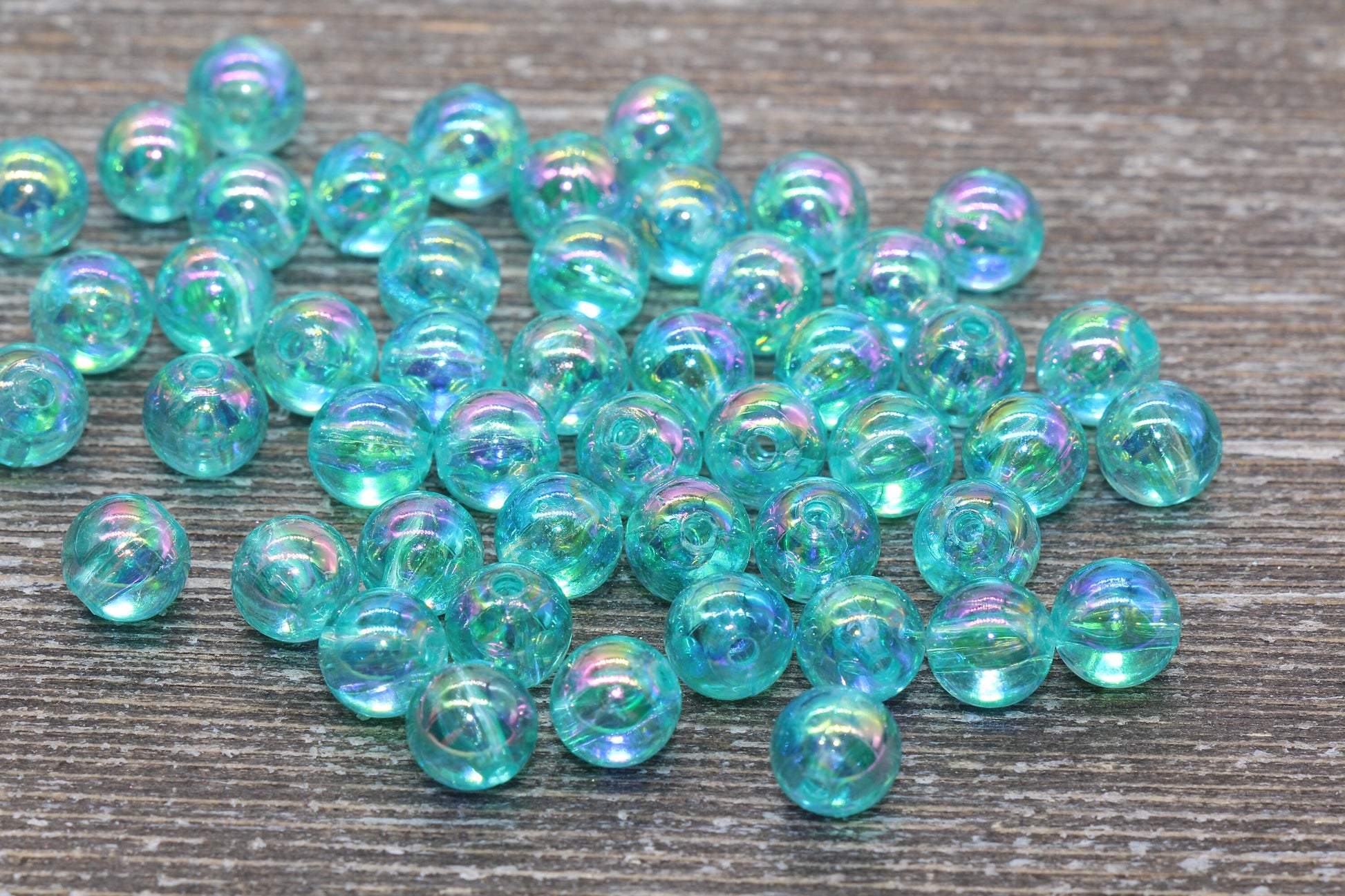 8mm Sea Green AB Round Beads, Iridescent Acrylic Gumball Beads, Transparent Round Spacer Beads, Bubblegum Beads, Plastic Round Bead #932