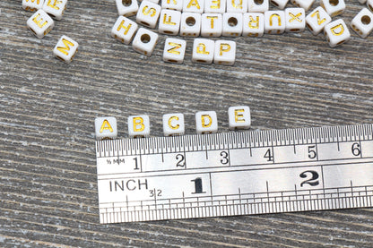 White and Gold Cube Alphabet Letter Beads, Gold Acrylic Letter Beads, Plastic Letter Beads, Acrylic Square Name Beads, Size 4.8mm #933