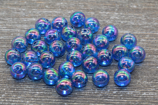 10mm Royal Blue AB Round Beads, Iridescent Acrylic Gumball Beads, Transparent Round Spacer Beads, Bubblegum Beads, Plastic Round Bead #940