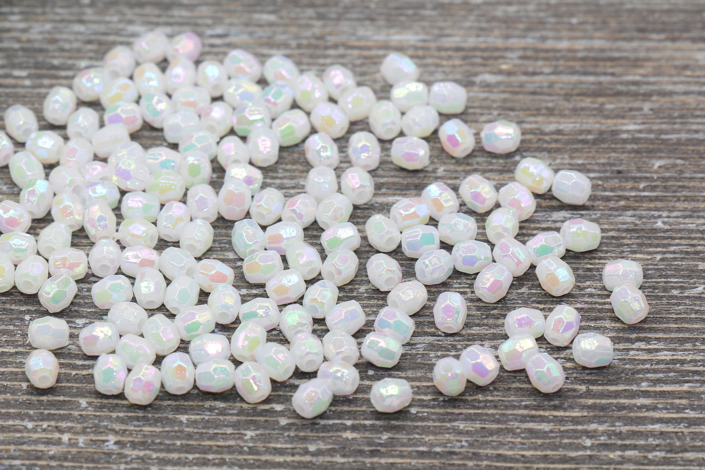 4mm White AB Faceted Beads, Iridescent Acrylic Gumball Beads, White Faceted Spacer Beads, Bubblegum Beads, Plastic Rainbow Bead #957