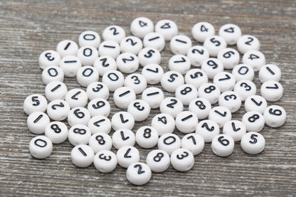 Sold in Individual Number, White and Black Number Beads, Plastic White Number Beads, Flat Round Acrylic Number Beads, Size 7mm