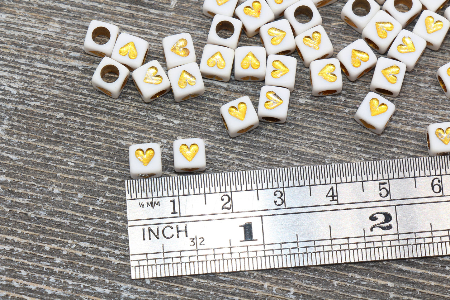 White and Gold Heart Cube Beads, White with Gold Acrylic Cube Beads, Gold Cube Square Heart Beads, Size 6mm #959