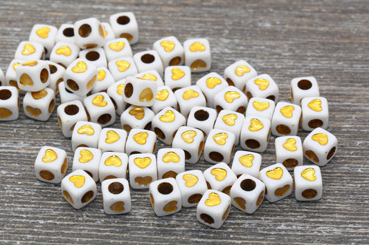 White and Gold Heart Cube Beads, White with Gold Acrylic Cube Beads, Gold Cube Square Heart Beads, Size 7mm #958