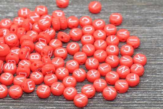 Orange Red Alphabet Letter Beads, Acrylic Orange Red Beads With White Letters Beads, Round Acrylic Beads, Initial Beads, Name Beads 7mm #40