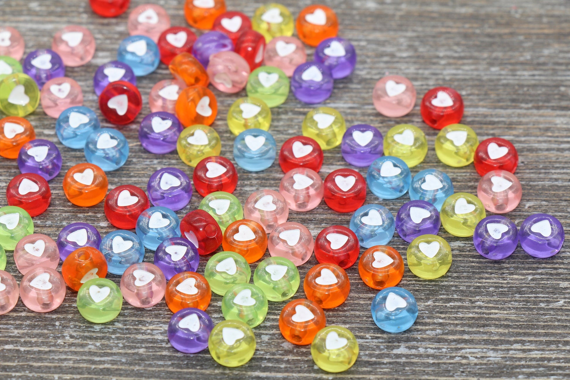 Translucent Assorted Heart Beads, Mix Colors Acrylic Heart Beads, Multicolored Heart Beads, Round Beads, Acrylic Symbol Beads, Size 7mm #830