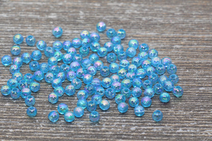 4mm Blue AB Round Beads, Iridescent Acrylic Gumball Beads, Transparent Round Spacer Beads, Bubblegum Beads, Plastic Round Bead #910