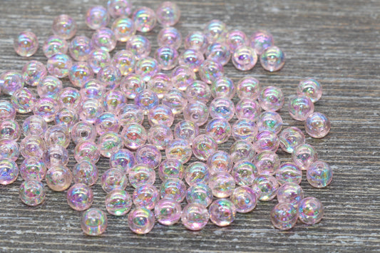 6mm Baby Pink AB Round Beads, Iridescent Acrylic Gumball Beads, Transparent Round Spacer Beads, Bubblegum Beads, Plastic Round Bead #920