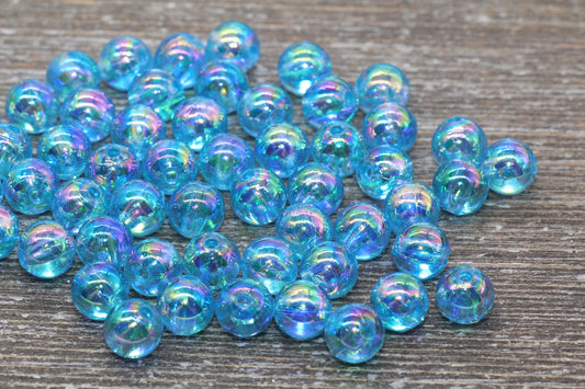 8mm Blue AB Round Beads, Iridescent Acrylic Gumball Beads, Transparent Round Spacer Beads, Bubblegum Beads, Plastic Round Bead #923