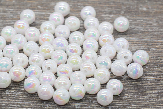 8mm White AB Round Beads, Iridescent Acrylic Gumball Beads, White Round Spacer Beads, Bubblegum Beads, Plastic Round Bead #925