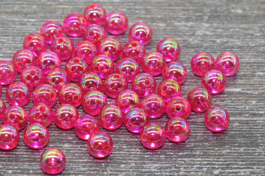 8mm Fuchsia AB Round Beads, Iridescent Acrylic Gumball Beads, Transparent Round Spacer Beads, Bubblegum Beads, Plastic Round Bead #929