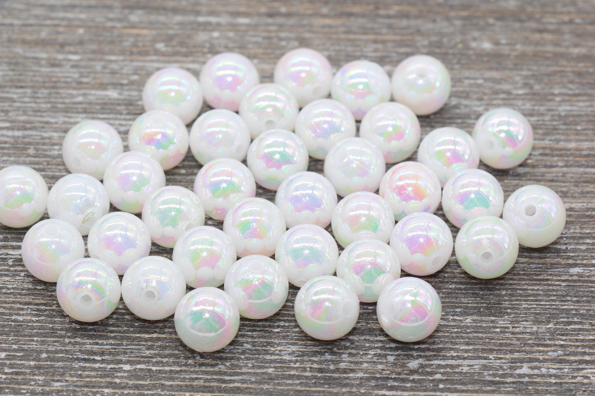 10mm White AB Round Beads, Iridescent Acrylic Gumball Beads, White Round Spacer Beads, Bubblegum Beads, Plastic Round Bead #936