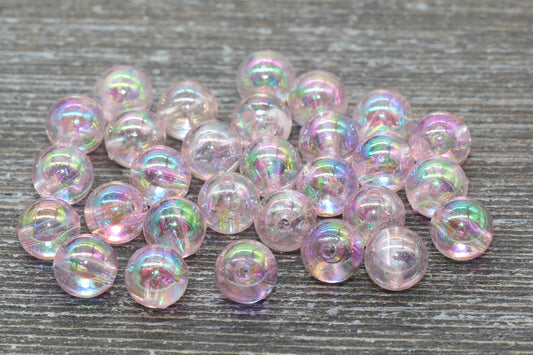 10mm Baby Pink AB Round Beads, Iridescent Acrylic Gumball Beads, Transparent Round Spacer Beads, Bubblegum Beads, Plastic Round Bead #942