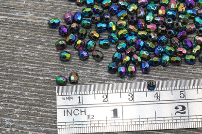 4mm Black AB Faceted Beads, Iridescent Acrylic Gumball Beads, Black Faceted Spacer Beads, Bubblegum Beads, Plastic Rainbow Bead #949