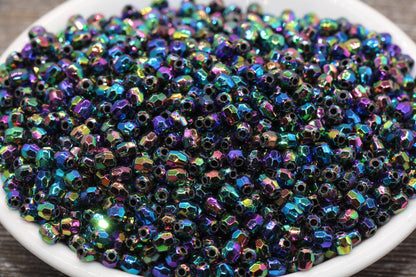 4mm Black AB Faceted Beads, Iridescent Acrylic Gumball Beads, Black Faceted Spacer Beads, Bubblegum Beads, Plastic Rainbow Bead #949