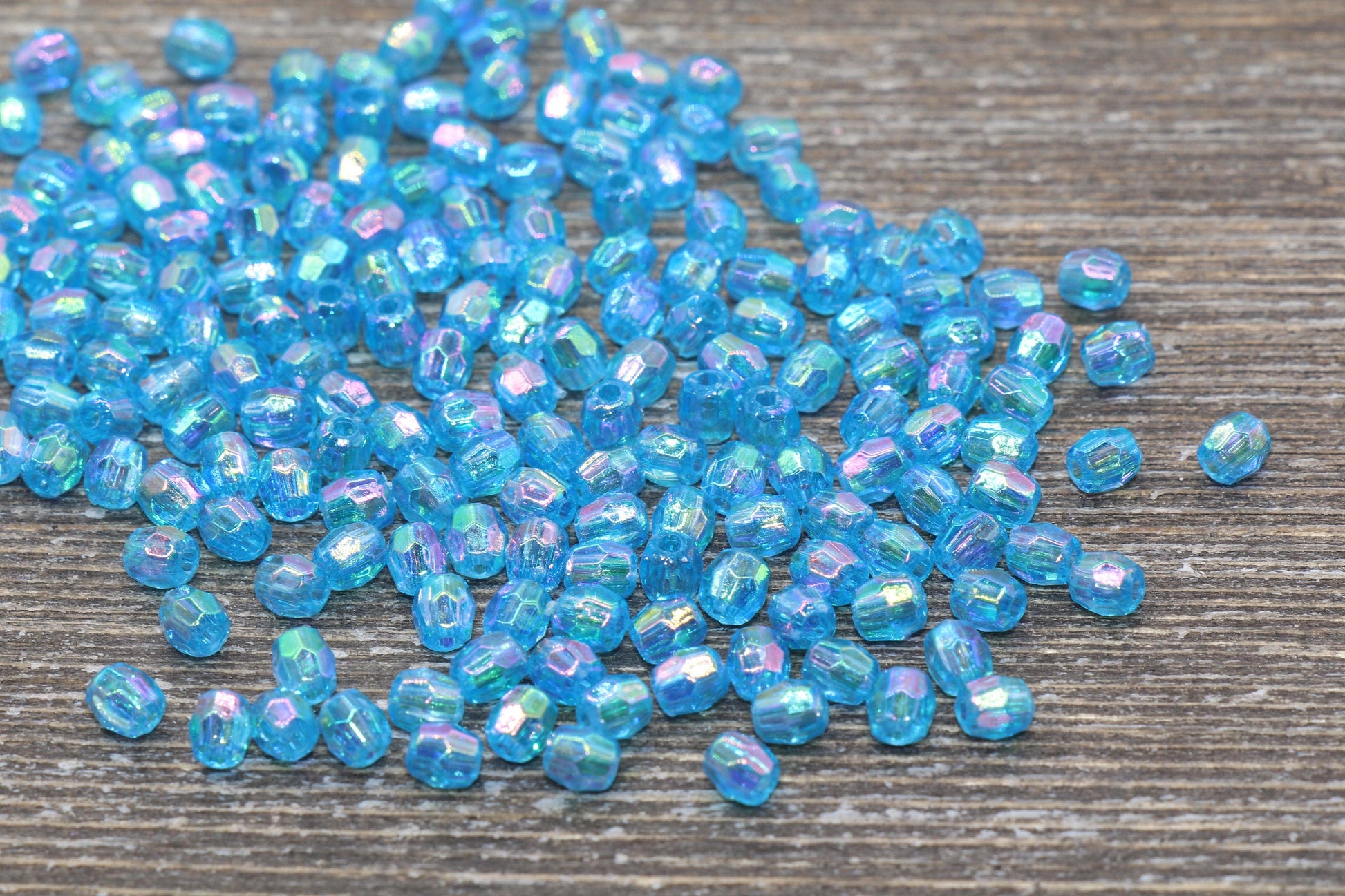 4mm Blue AB Faceted Beads, Iridescent Acrylic Gumball Beads, Blue Faceted Spacer Beads, Bubblegum Beads, Plastic Rainbow Bead #951