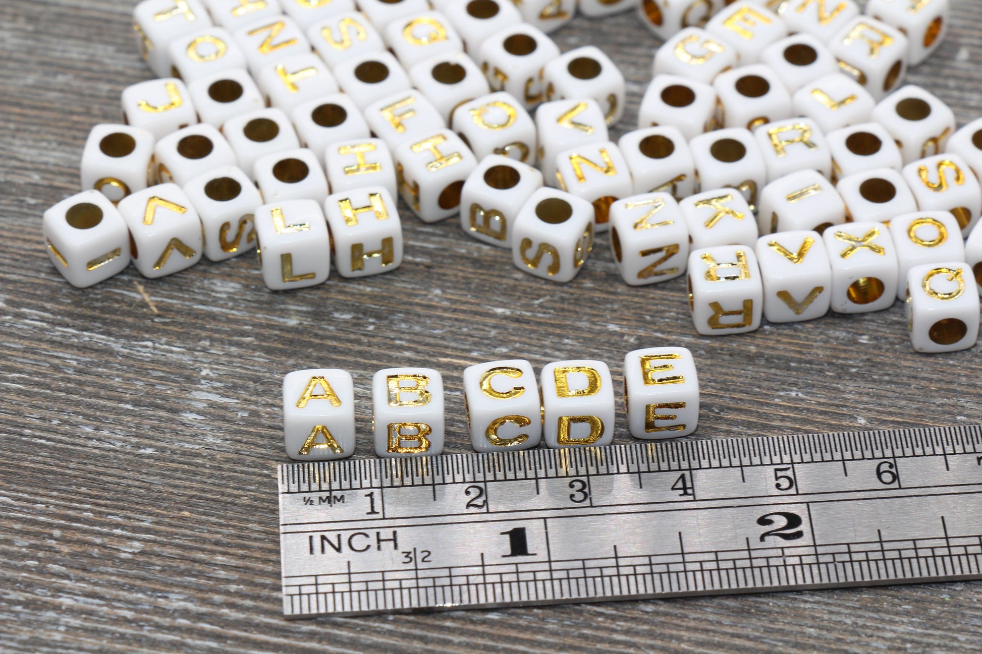 White and Gold Cube Alphabet Letter Beads, Mixed Gold Acrylic Letter Beads, Plastic Letter Beads, Acrylic Square Name Beads, Size 7mm #71