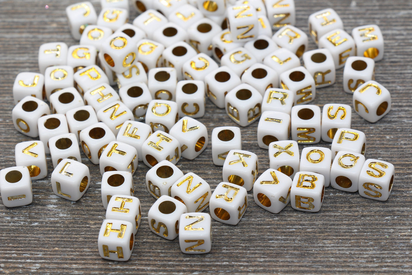 White and Gold Cube Alphabet Letter Beads, Mixed Gold Acrylic Letter Beads, Plastic Letter Beads, Acrylic Square Name Beads, Size 7mm #71