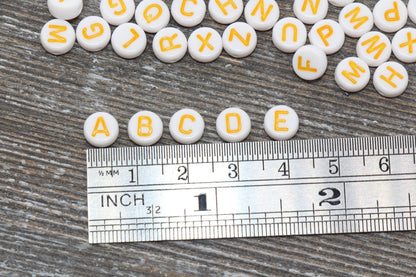 Yellow Orange Alphabet Letter Beads, Acrylic White Beads with Yellow Orange Lettering Beads, Round Acrylic Beads, Mix Letter Beads 7mm #132