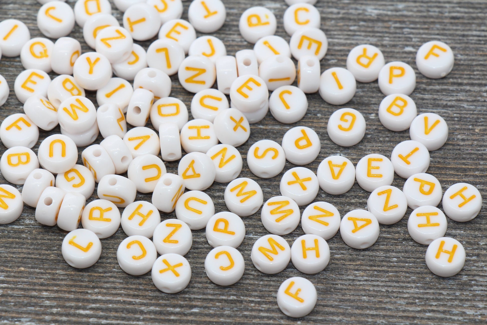 Yellow Orange Alphabet Letter Beads, Acrylic White Beads with Yellow Orange Lettering Beads, Round Acrylic Beads, Mix Letter Beads 7mm #132