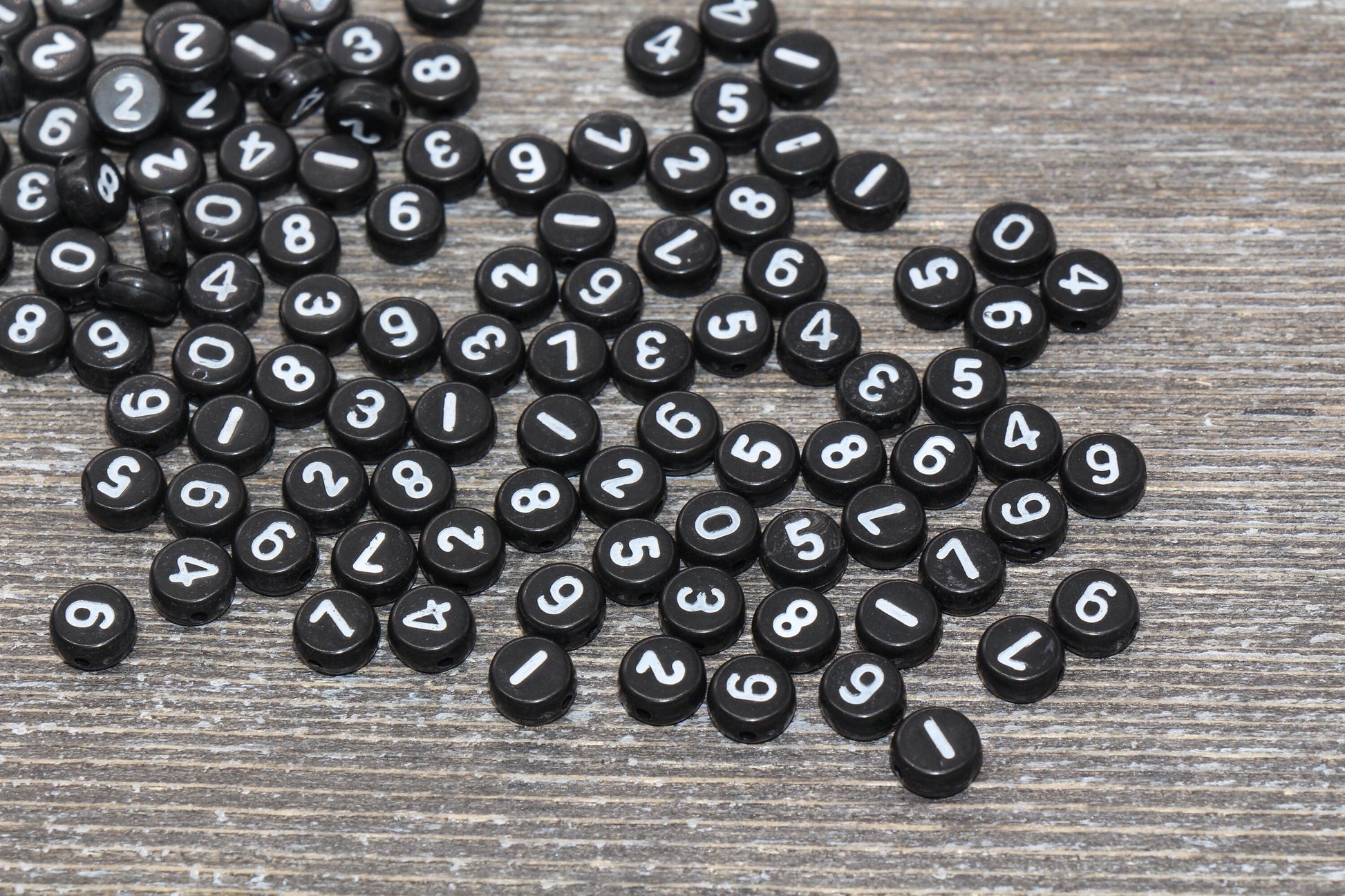 Black Number Beads, Acrylic Black Number Beads, Plastic Round Acrylic Beads, Black Beads with White Numbers, Size 7mm #97