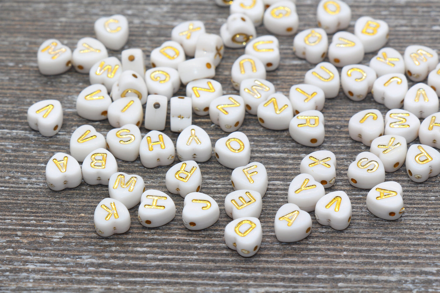 Gold Alphabet Letters Heart Beads, Acrylic White with Gold Letter Beads, Plastic Heart Beads, Acrylic Name Initial Beads, Size 7mm #703