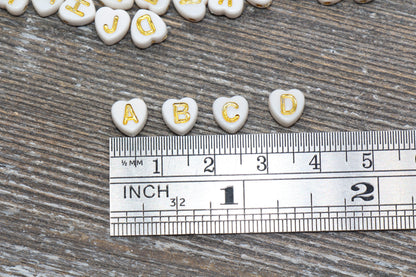 Gold Alphabet Letters Heart Beads, Acrylic White with Gold Letter Beads, Plastic Heart Beads, Acrylic Name Initial Beads, Size 7mm #703