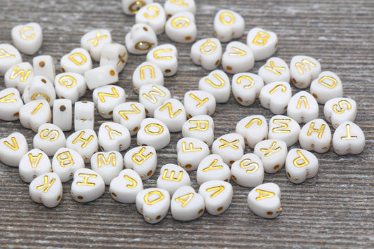 Gold Alphabet Letters Heart Beads, Acrylic White with Gold Letter Beads, Plastic Heart Beads, Acrylic Name Initial Beads, Size 7mm #703