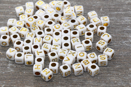 White and Gold Cube Alphabet Letter Beads, Mixed Gold Acrylic Letter Beads, Plastic Letter Beads, Acrylic Square Name Beads, Size 7mm #71