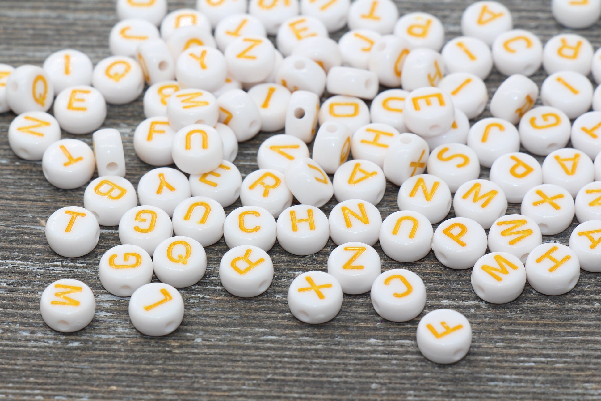 Yellow Orange Alphabet Letter Beads, Acrylic White Beads with Yellow Orange Lettering Beads, Round Acrylic Beads, Mix Letter Beads 7mm #132