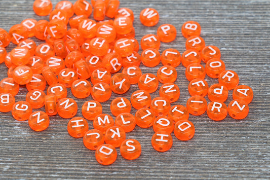 Orange Alphabet Letter Beads, Translucent Acrylic Orange Letters Beads, Round Acrylic Beads, Mix Letters Beads, Name Beads 7mm #122