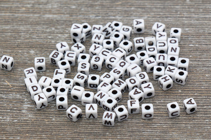 White and Black Cube Alphabet Letter Beads, Black Acrylic Letter Beads, Plastic Letter Beads, Acrylic Square Name Beads, Size 5mm #508