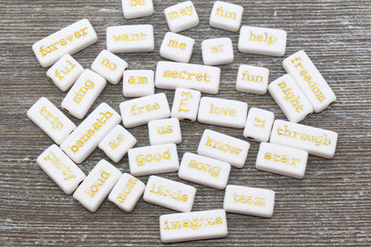 White with Gold Word Beads, Random Word Beads, Acrylic Beads, #1074