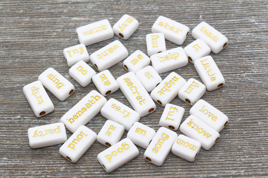 White with Gold Word Beads, Random Word Beads, Acrylic Beads, #1074