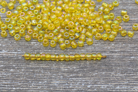 Transparent Iridescent Glass Seed Beads, 4mm 6/0 Glass Round Seed Beads, Yellow AB Trans Seed Beads, Rocailles Beads, Beading Supplies #1149