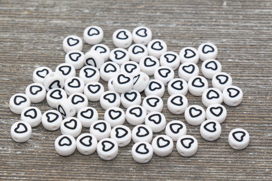 White and Black Outline Heart Beads, Acrylic Heart Beads, Black Heart Beads, Acrylic Heart Symbol Beads, Size 7mm #1070