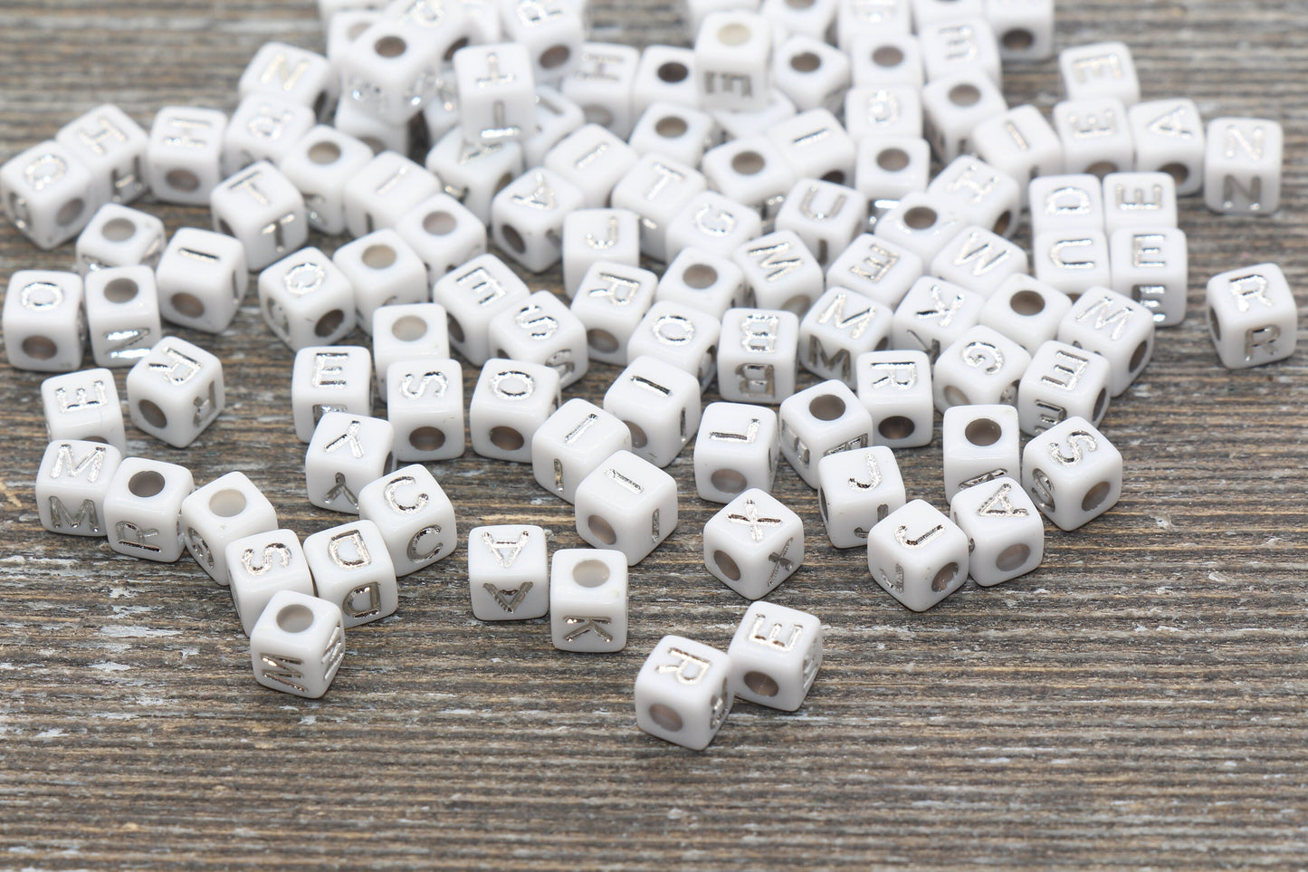 White and Silver Cube Alphabet Letter Beads, Silver Acrylic Letter Beads, Plastic Letter Beads, Acrylic Square Name Beads, Size 4.8mm #509