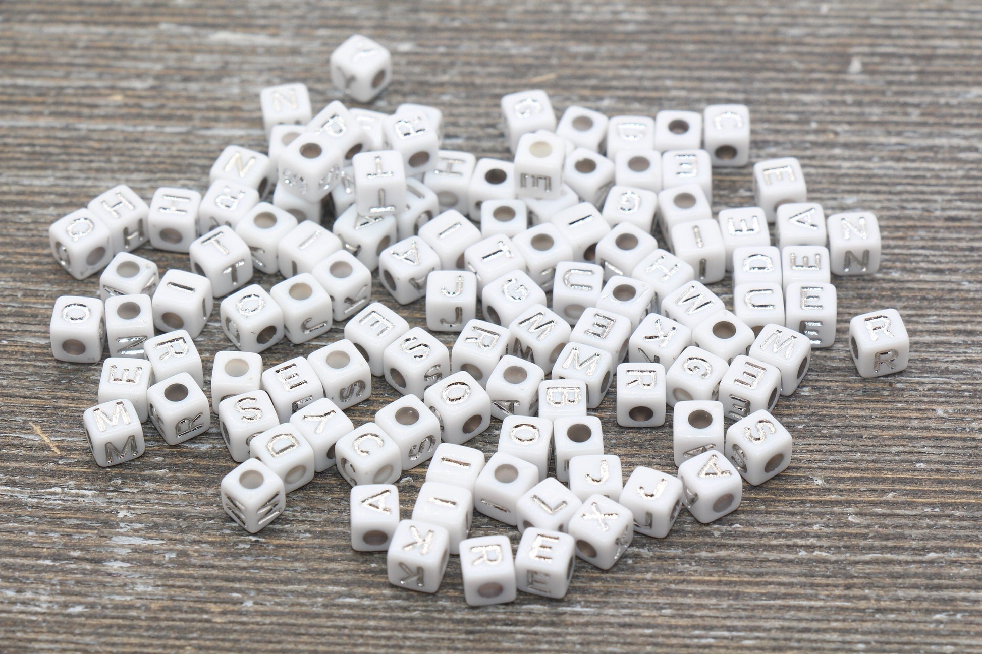 White and Silver Cube Alphabet Letter Beads, Silver Acrylic Letter Beads, Plastic Letter Beads, Acrylic Square Name Beads, Size 4.8mm #509