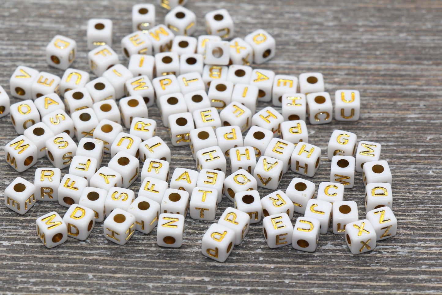 White and Gold Cube Alphabet Letter Beads, Gold Acrylic Letter Beads, Plastic Letter Beads, Acrylic Square Name Beads, Size 4.8mm #933