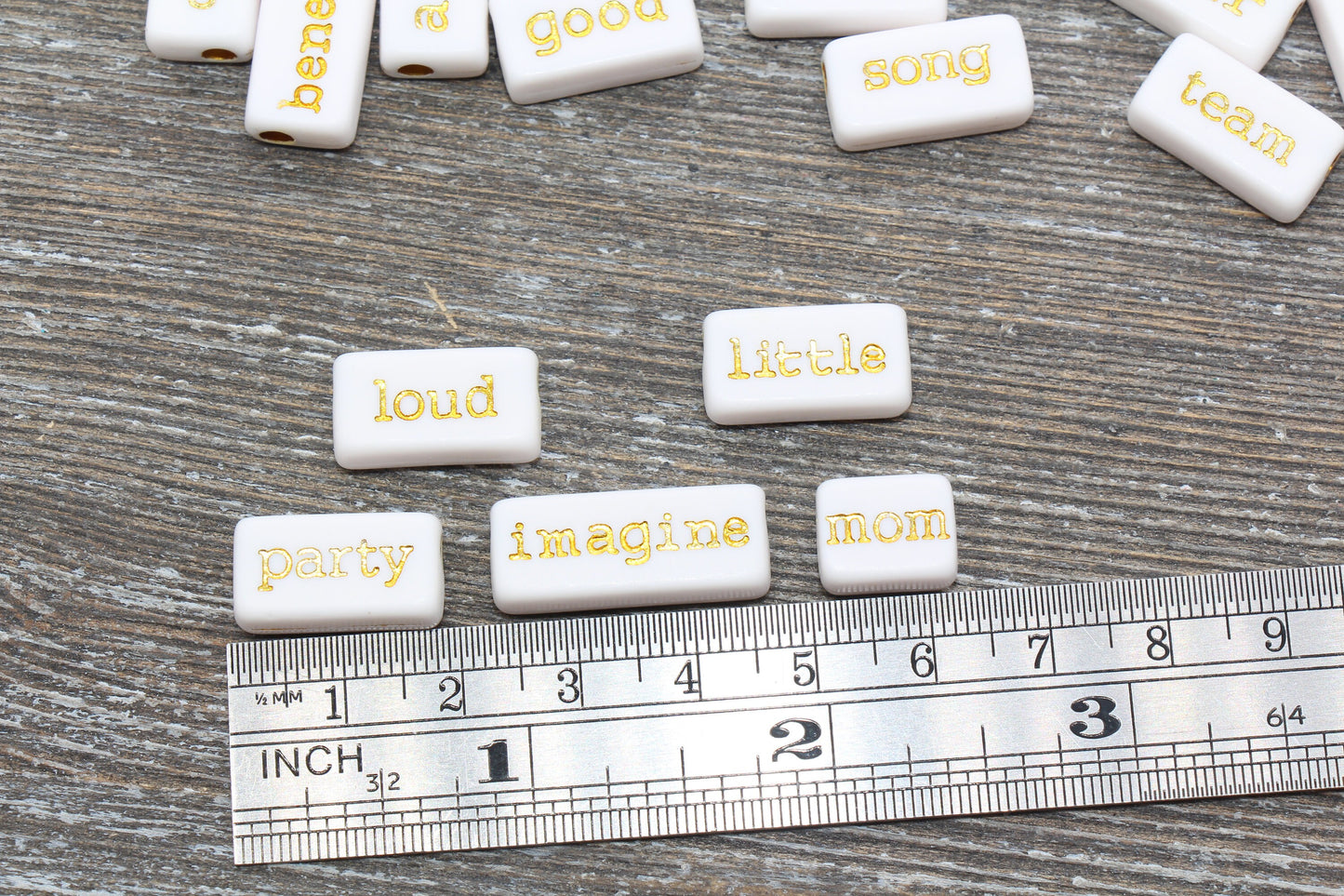 White with Gold Word Beads, Random Word Beads, Acrylic Beads, #1074