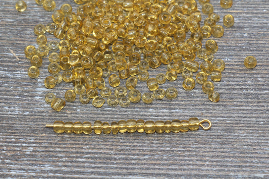 Transparent Glass Seed Beads, 4mm 6/0 Glass Round Seed Beads, Gold Trans Seed Beads, Rocailles Beads, Beading Supplies #1108