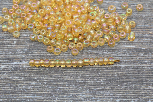 Transparent Iridescent Glass Seed Beads, 4mm 6/0 Glass Round Seed Beads, Gold AB Trans Seed Beads, Rocailles Beads, Beading Supplies #1147