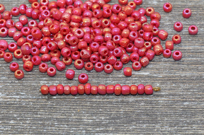 Iridescent Glass Seed Beads, 4mm 6/0 Glass Round Seed Beads, Red AB Opaque Seed Beads, Rocailles Beads, Beading Supplies #1156