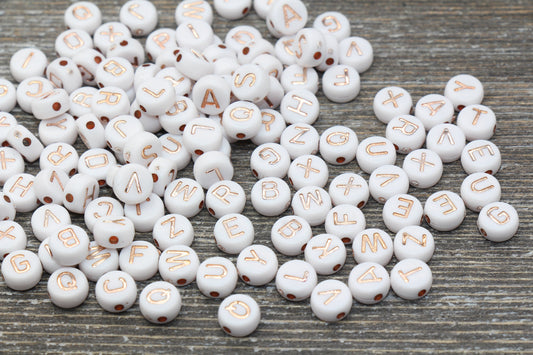 Rose Gold Alphabet Letter Beads, Acrylic White and Rose Gold Letter Beads, Round Acrylic Beads, ABC Letter Beads, Name Beads, Size 7mm