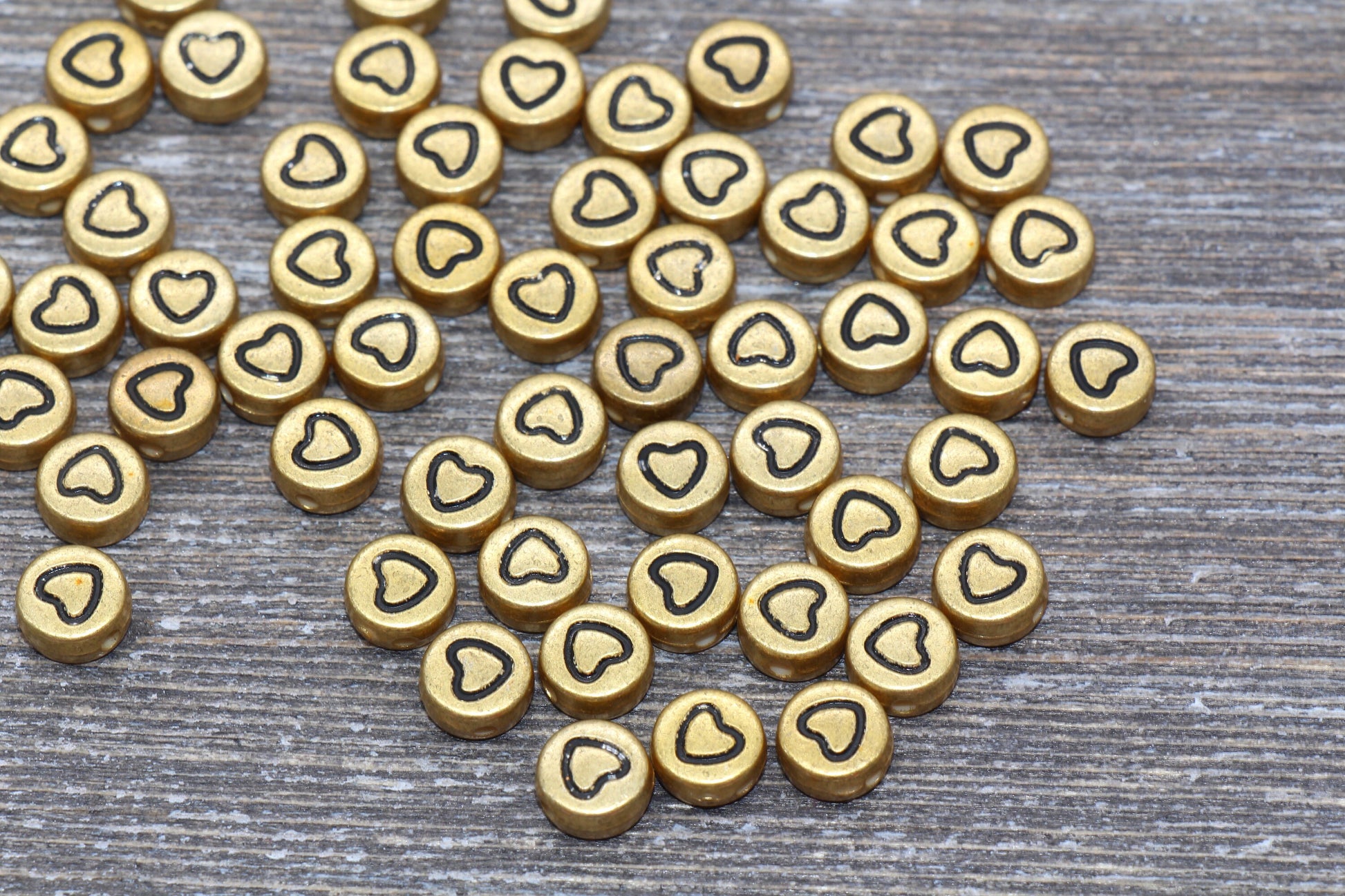 Gold Heart Beads, Acrylic Gold Heart Beads, Plastic Heart Beads, Acrylic Symbol Beads, Outline Heart Beads, Size 7mm #52