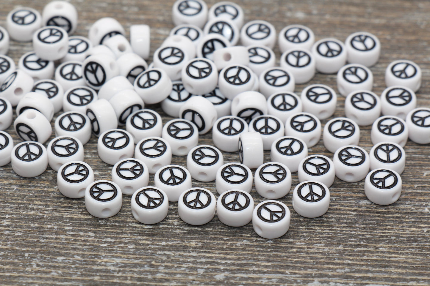 Peace Beads, Acrylic White Peace Symbol Beads, White with Black Peace Beads, Acrylic Symbol Beads, Size 7mm #57