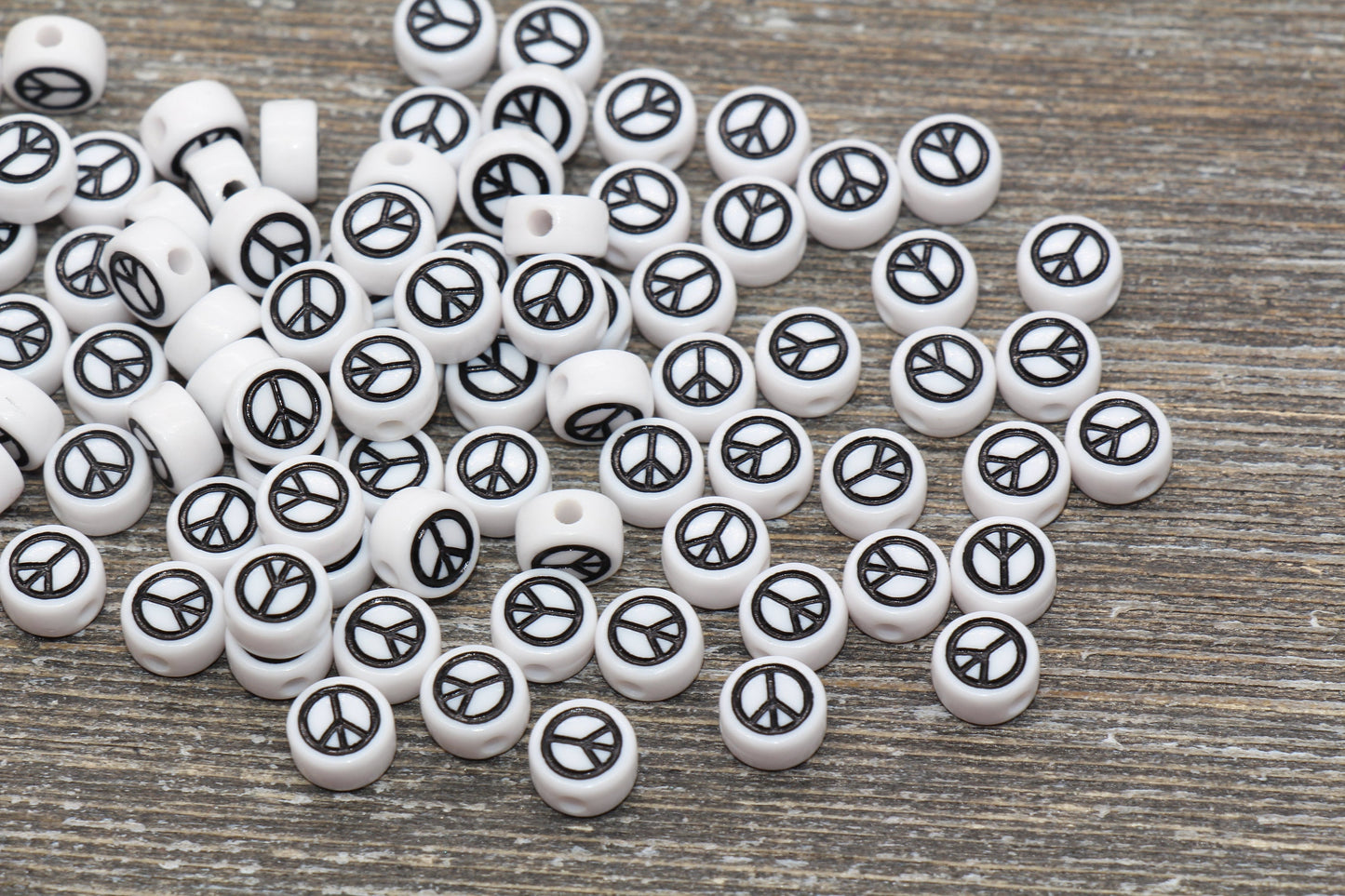 Peace Beads, Acrylic White Peace Symbol Beads, White with Black Peace Beads, Acrylic Symbol Beads, Size 7mm #57